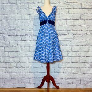 Anthropologie Lithe Blue & White Silk Blend Embroidered Fit & Flare Dress